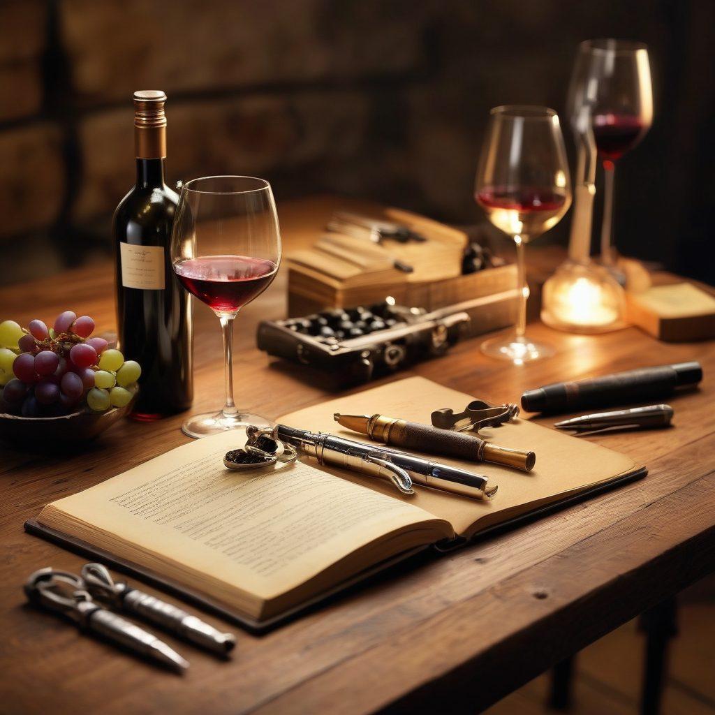 A beautifully arranged collection of essential wine tools, including a corkscrew, aerator, and glasses, placed elegantly on a rustic wooden table. In the background, soft dim lighting enhances the warm ambiance, while a selection of fine wines and grapes adds richness to the scene. A wine tasting notebook and pen sit nearby, suggesting tips and notes for enthusiasts. Atmospheric mood lighting with a subtle glow around the tools highlights their importance. super-realistic. warm colors. soft focus.