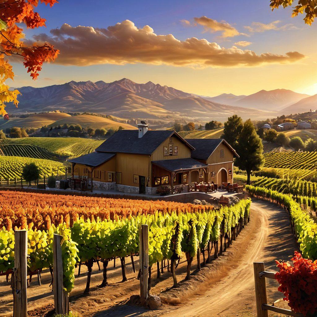 A picturesque landscape featuring rolling vineyards bathed in golden sunlight, with a rustic winery in the foreground. Include a couple savoring wine, surrounded by grapevines and barrels, while a scenic mountain range looms in the background. Vivid autumn colors enhance the warm atmosphere, evoking a sense of exploration and appreciation for wine culture. super-realistic. vibrant colors. 3D.
