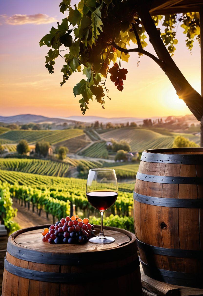 A picturesque vineyard landscape at sunset with rolling hills, grapevines heavy with ripe fruit, and a rustic wooden wine barrel in the foreground. An elegant wine glass half-filled with deep red wine reflects the golden light. In the background, a cozy winery with people tasting wine and enjoying the scenery creates a warm atmosphere. The scene captures the essence of winemaking and appreciation. vibrant colors. painting.
